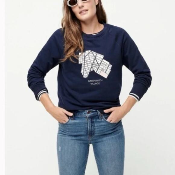 J. Crew Greenwich Village Navy Blue Sweatshirt Embroidered Sporty Preppy NYC Map - Picture 1 of 5